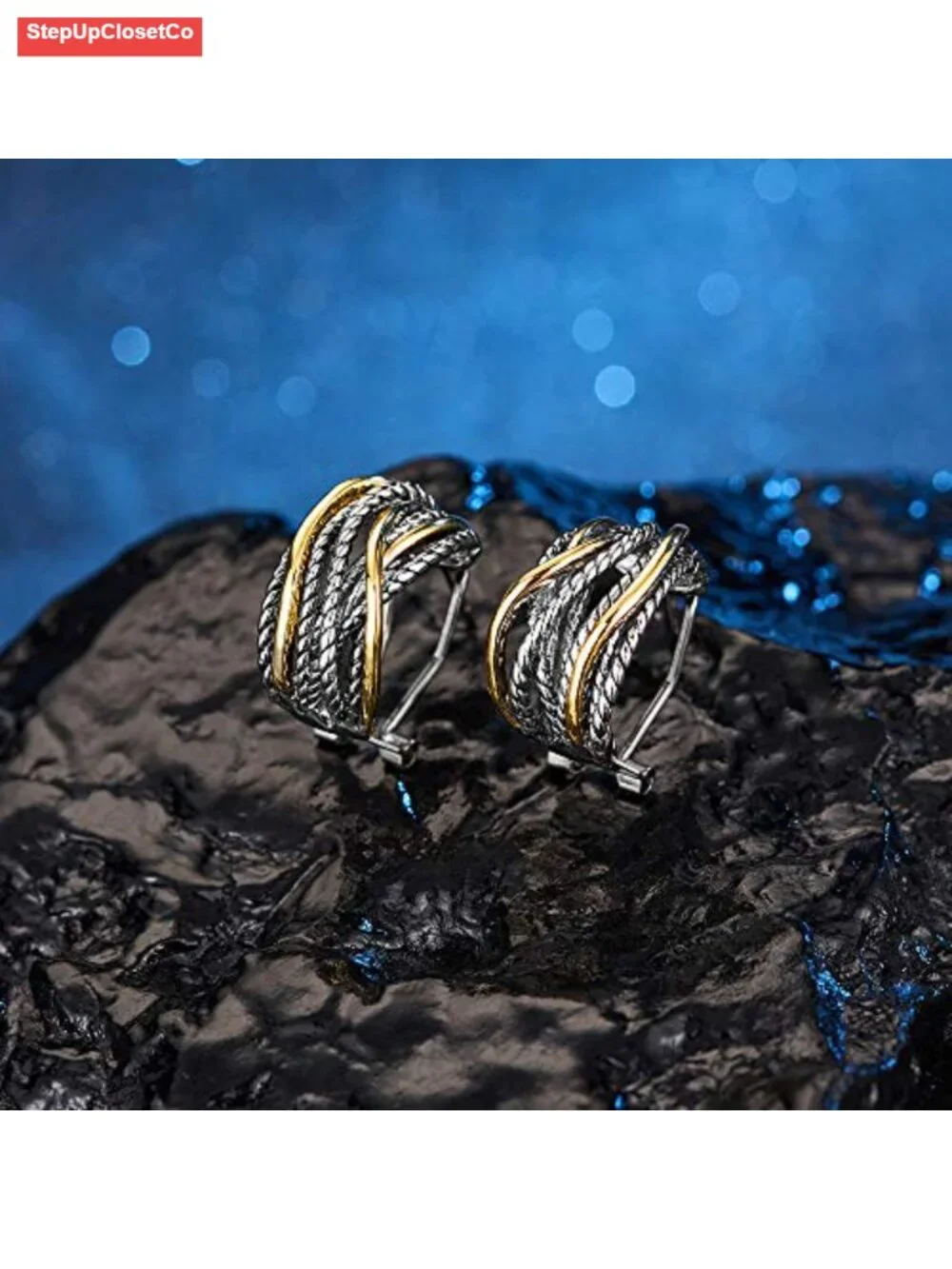 Two Tone Huggie Hoop Earrings Crossover Twisted Rope Statement Clip On